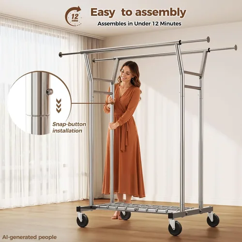 Vista 6 de HYSEYY Perchero de ropa resistente, perchero con ruedas para colgar ropa con estantes, carga de 700 libras, armario portátil con ruedas