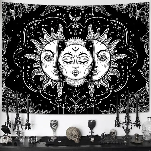 Vista 8 de Lifeella - Tapiz de sol y luna en blanco y negro, tapiz de sol ardiente, estético, místico, para colgar en la pared, decoración de dormitorio