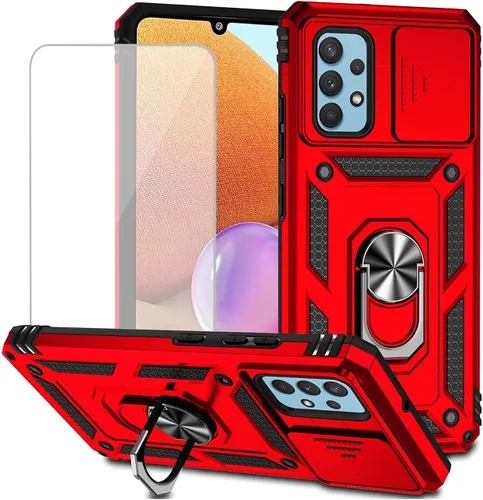 Vista 8 de Funda para Galaxy A32 4G, Samsung A32 4G SM-A325F con protector de pantalla de vidrio templado y cubierta de cámara deslizante, anillo magnético