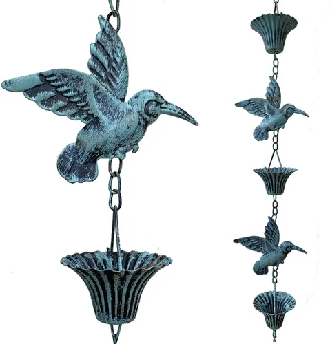 Vista 10 de Cadena de lluvia de 8.5 pies, colibrí y cadenas de lluvia para canaletas y bajantes verde pájaro