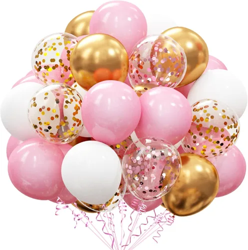 Vista 17 de Kit de 72 globos de confeti negro y dorado, globos negros, dorados y blancos de 12 pulgadas y globos de confeti dorado con cintas para globos