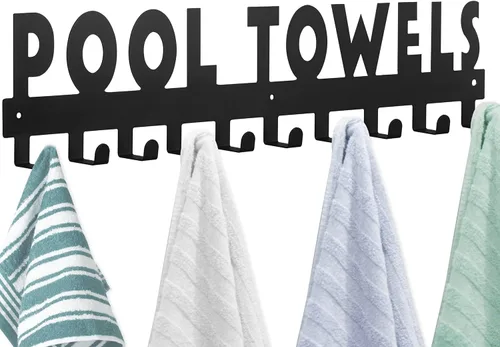 Vista 9 de Toalleros de piscina con estante 8 ganchos para piscina, baño, montaje en pared, toallero, soporte para toallas, soporte de acero al carbono