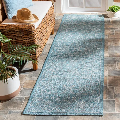 Vista 52 de SAFAVIEH Alfombra lavable al aire libre, colección Courtyard - 2'3" x 5', azul aguamarina y gris, no desprende pelusa y fácil limpieza, ideal