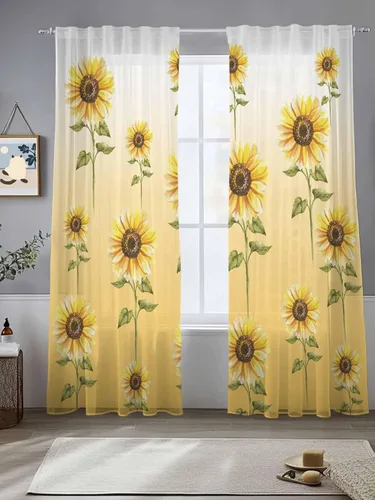 Vista 3 de Juego de paneles de cortinas de girasol, cortinas de gasa para cocina, cortinas de gasa de privacidad para sala de estar, dormitorio, decoración