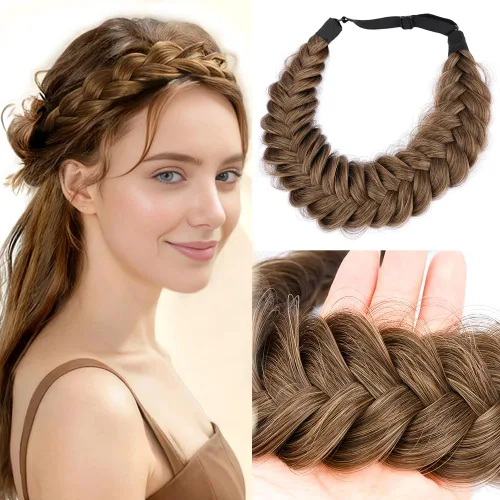 Vista 31 de Diadema ancha y despeinada de 2 mechones de cabello sintético trenzado, accesorio de belleza para mujeres y niñas, 62g/2.1 oz (caoba)
