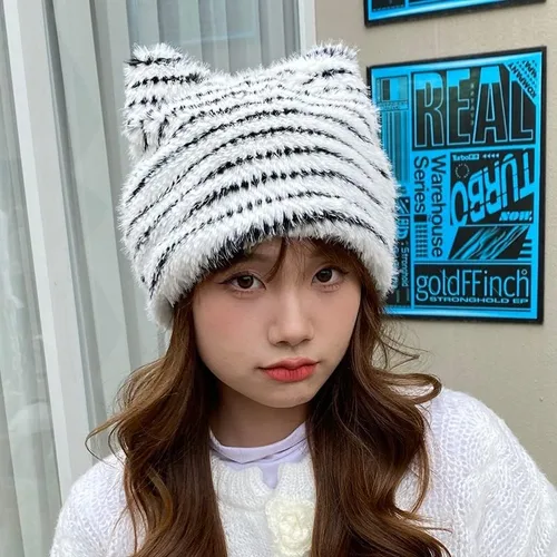 Vista 3 de Gorro de gato con orejas para mujer, gorros holgados para mujer, accesorios grunge, sombreros de ganchillo