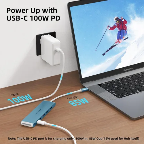 Vista 4 de WALNEW Hub USB-C 7 en 1 con HDMI 4K, 100 W PD, puerto de datos de 5 Gbps (1 tipo C y 2 USB 3.0), lector SD/TF, adaptador multipuerto Thunderbolt 4