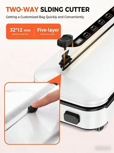 Vista 5 de Máquina selladora al vacío de 75 KPa para alimentos con modos seco/húmedo 6 en 1 y temporizador digital, diseño compacto y ligero, cortador