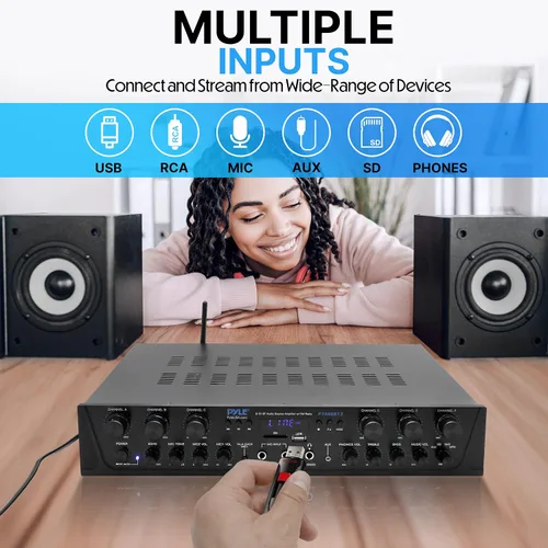 Vista 6 de Pyle Sistema de amplificador de audio inalámbrico para el hogar, amplificador receptor estéreo de sonido compatible con Bluetooth, 6 canales