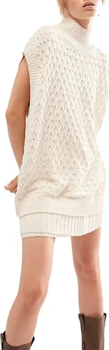 Vista 2 de NUFIWI Conjunto de dos piezas de punto para mujer, sin mangas, cuello alto, sin botones, ajustado, minifalda, conjunto a juego