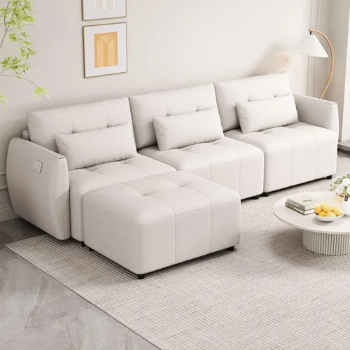 Vista 3 de KEVINSPACE Sofá moderno de 113.3 pulgadas, sofá de 3 plazas para sala de estar, sofá de tela de felpilla con puertos USB otomano, juego de 3