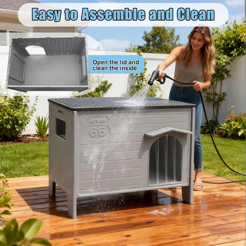 Vista 4 de Casa de perro duradera impermeable de plástico para interiores y exteriores, casa de perro exterior con ventana lateral y piso elevado, fácil
