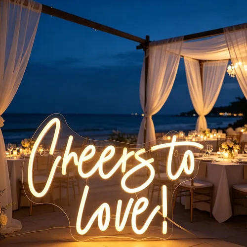 Vista 6 de QiaoFei Letrero LED de neón con texto en inglés «Cheers To Love» alimentado por USB con regulador de intensidad, luces de neón para habitación