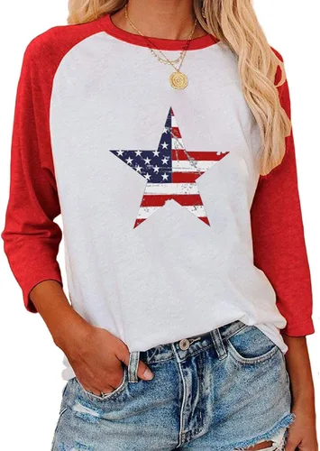 Vista 8 de Camisas de manga 3/4 para mujer, camisetas de verano con cuello redondo, camisetas básicas sueltas de mezcla de algodón para mujer