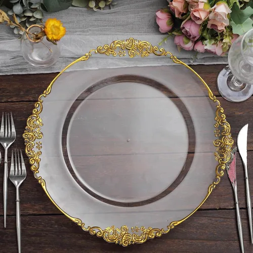 Vista 5 de Tableclothsfactory Paquete de 6 platos barrocos redondos de oro transparente de 13 pulgadas, borde en relieve de hojas para decoración de mesa