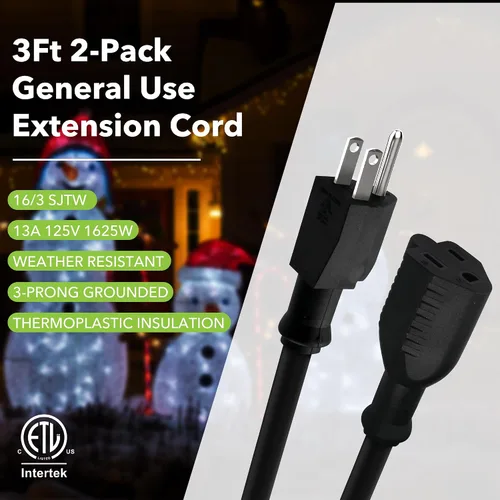 Vista 2 de BN-LINK Cable de extensión de 3 pies para interiores y exteriores 16/3 SJTW, paquete de 2, negro, cubierta de cable de PVC, 3 clavijas, resistente a