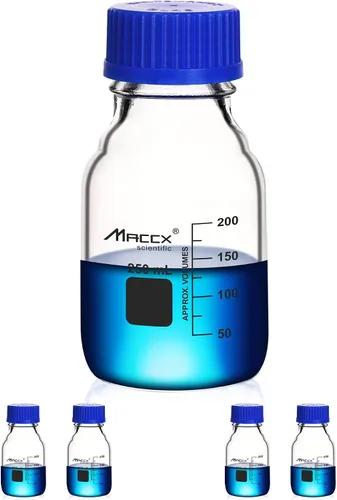 Vista 11 de Botellas redondas de vidrio de 34 onzas (33.8 fl oz), botella de vidrio de borosilicato resistente con tapa de rosca GL45, paquete de 2