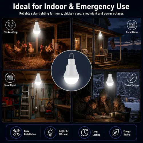 Vista 5 de Luz de gallinero con temporizador, bombillas solares recargables del anochecer al amanecer para interiores y el hogar, lámparas de campamento al