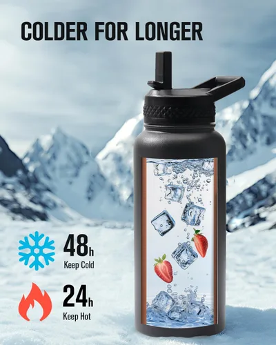 Vista 2 de Coolplus - Botella de agua de 32 onzas aislada, termo de agua de acero inoxidable con popote de metal de doble pared al vacío con funda de Negro