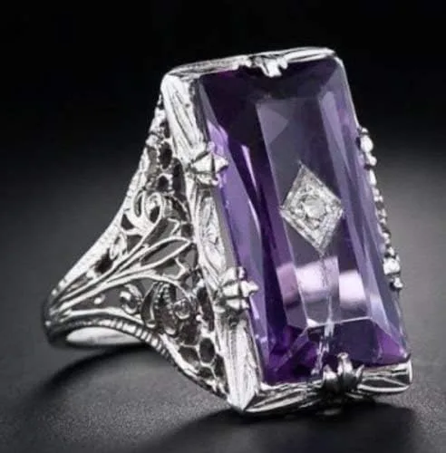 Vista 4 de Yuren Anillo de plata 925 con gemas de amatista grande para mujer, talla 6-10 (código de EE. UU. 10), Plata