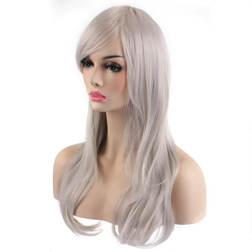 Vista 4 de Peluca de cosplay para mujeres con gorra, peluca de 28 in largo y ondulado resistente al calor de AKStor, Blanco