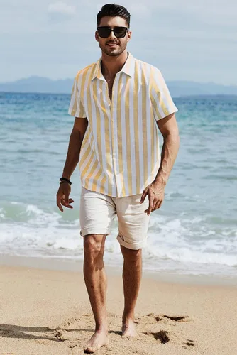 Vista 227 de JMIERR Camisas de vestir a rayas con botones y manga corta para hombre