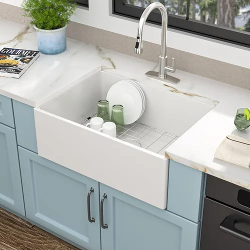 Vista 16 de Fregadero de barra blanco de 24"x18" para montaje bajo encimera - Arcilla refractaria de porcelana cerámica de alto brillo, montaje dual, un seno