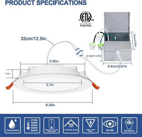 Vista 5 de Iluminación empotrable inteligente de 6 pulgadas LED empotrable con caja de conexiones funciona con Alexa, 2700K ~ 6000K 5CCT seleccionable, 16W