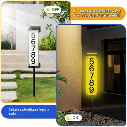 Vista 2 de Números solares de casa para exteriores, letrero de dirección solar iluminado placa números de dirección para casas, impermeable, LED, alimentado