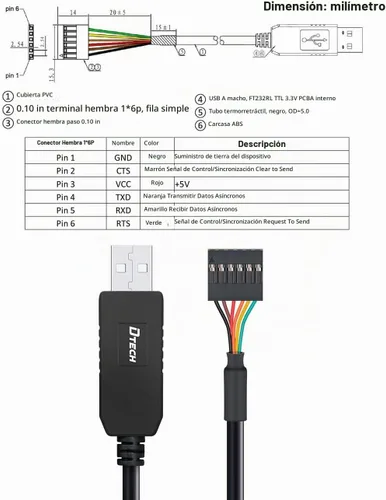 Vista 3 de DTECH Cable serie USB a TTL de 3.3 V, 6 pines, adaptador UART genuino FTDI FT232RL, cable de depuración de chip compatible con Windows 11 10 8 7 6