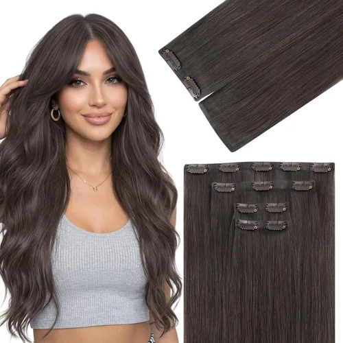 Vista 34 de Ve Sunny Extensiones de cabello clip-in de cabello humano real con reflejos, extensiones de cabello con clip para cabello corto, marrón oscuro