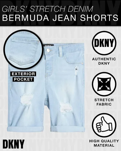 Vista 2 de DKNY Pantalones cortos para niña Bermudas de mezclilla elástica con botones y puños enrollables (7-14)