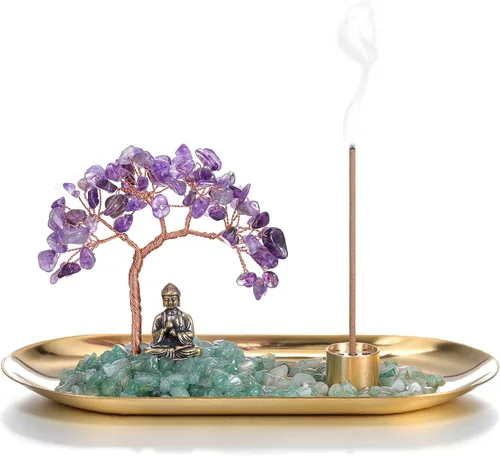 Vista 10 de Jovivi Soporte de incienso de cristal para palos, piedra de cristal curativo, árbol de dinero, juego de estatua de Buda, quemador de incienso
