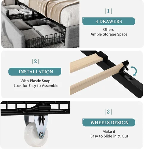 Vista 6 de HOOMIC Base de cama de plataforma tamaño King con 4 cajones de almacenamiento, cabecera ajustable con diseño de botones cosidos cuadrados, listones