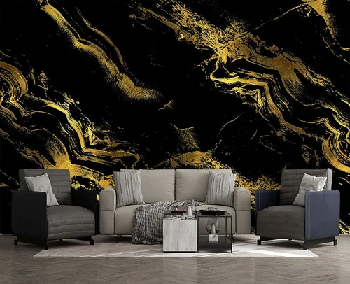 Vista 2 de Papel tapiz de mármol dorado y negro para dormitorio, 137 x 100 pulgadas