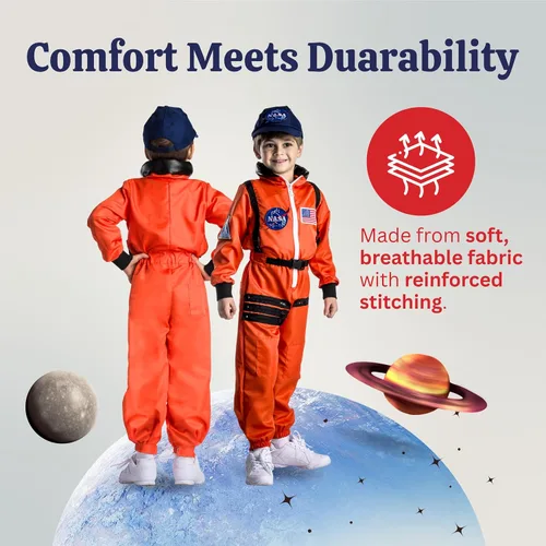 Vista 4 de Dress Up America Kids NASA Astronaut Costume – Orange Space Suit with Cap – Realistic Halloween & Dress-Up Outfit