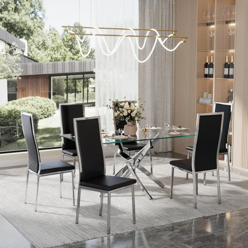 Vista 25 de Juego de 2 sillas de comedor modernas, piel sintética negra con patas de metal dorado cromado, diseño de respaldo alto curvo y acolchado tipo nube