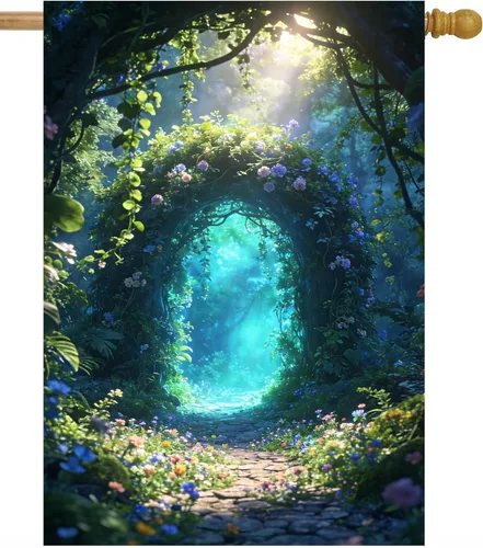 Vista 6 de Bandera de paisaje de fantasía, cuento de hadas, bosque, flores, puerta, jardín, patio, 12 x 18 pulgadas, poliéster de doble cara, bandera