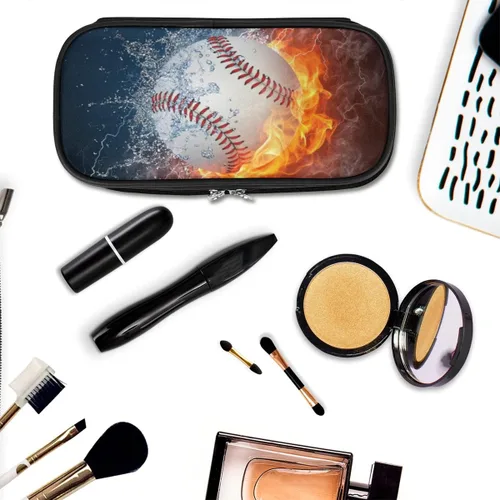 Vista 8 de Estuche de cuero blanco de béisbol 3D para lápices, organizador de papelería de gran capacidad, bolsa para lápices con agua y fuego para niños