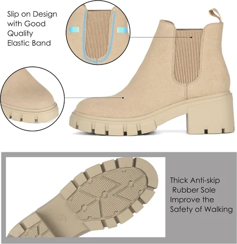 Vista 4 de Athlefit Botas Chelsea de moda para mujer, tacón grueso, sin cordones, elásticos y tobilleros