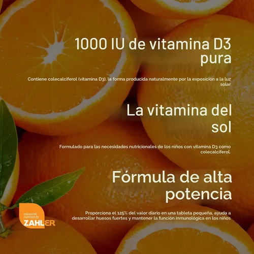 Vista 7 de Tabletas masticables de vitamina D3, de 1000IU, para niños. Fácil digestión, con la dosis justa de vitamina D3 para niños de 1000 IU. Con