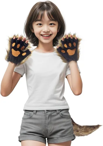 Vista 2 de Ravakeny Juego de cola de lobo y guantes, cola de zorro sin dedos, guantes de pata de lobo para Halloween, fiesta de disfraces, disfraz para niños