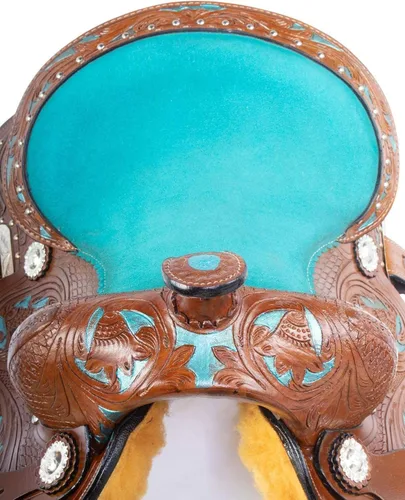 Vista 5 de Sillín de cuero occidental con diseño floral en relieve, con cabecera, riendas y cuello de pecho a juego