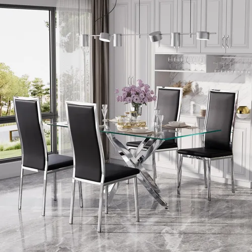 Vista 48 de Juego de mesa de comedor de cristal dorado moderno de 63 pulgadas para 6, juego de mesa de cocina rectangular de 7 piezas con patas de acero Negro
