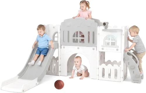 Vista 17 de OLAKIDS Tobogán para niños pequeños, 6 en 1 para interiores y exteriores, con aro de baloncesto, telescopio, almacenamiento de juguetes para niños