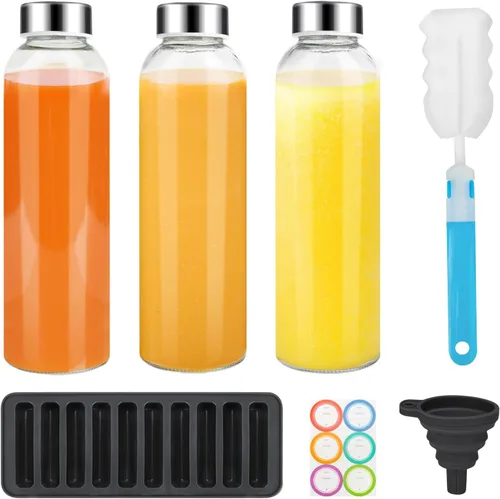 Vista 14 de PROBTTL Botellas de vidrio para jugo de 18 onzas con tapas, botellas de agua de vidrio transparente recargables con tapas herméticas de acero