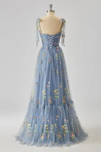 Vista 4 de Toreque Vestido de fiesta de tul con bordado de flores para mujer, tirantes delgados, corsé, largo, formal, vestidos de fiesta de noche