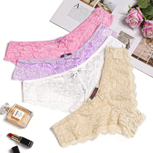 Vista 6 de Avidlove Bragas de encaje sexy para mujer, paquete de 4 unidades, ropa interior hipster en forma de V