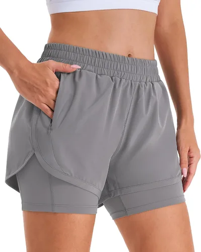 Vista 14 de Stelle Pantalones cortos de correr 2 en 1 para mujer, pantalones cortos deportivos de cintura alta, pantalones cortos de entrenamiento con forro