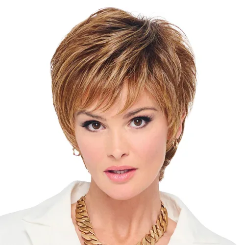 Vista 29 de Raquel Welch - Peluca corta Bob atada a mano feroz y enfocada por Hairuwear, gorra de tamaño medio, castaño iluminado por el sol RL10/12